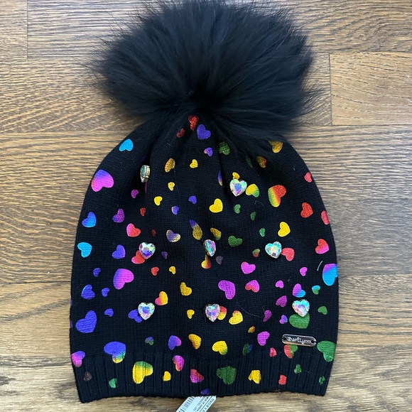 Bari Lynn rainbow heart pom pom hat, NWT, one size fits most